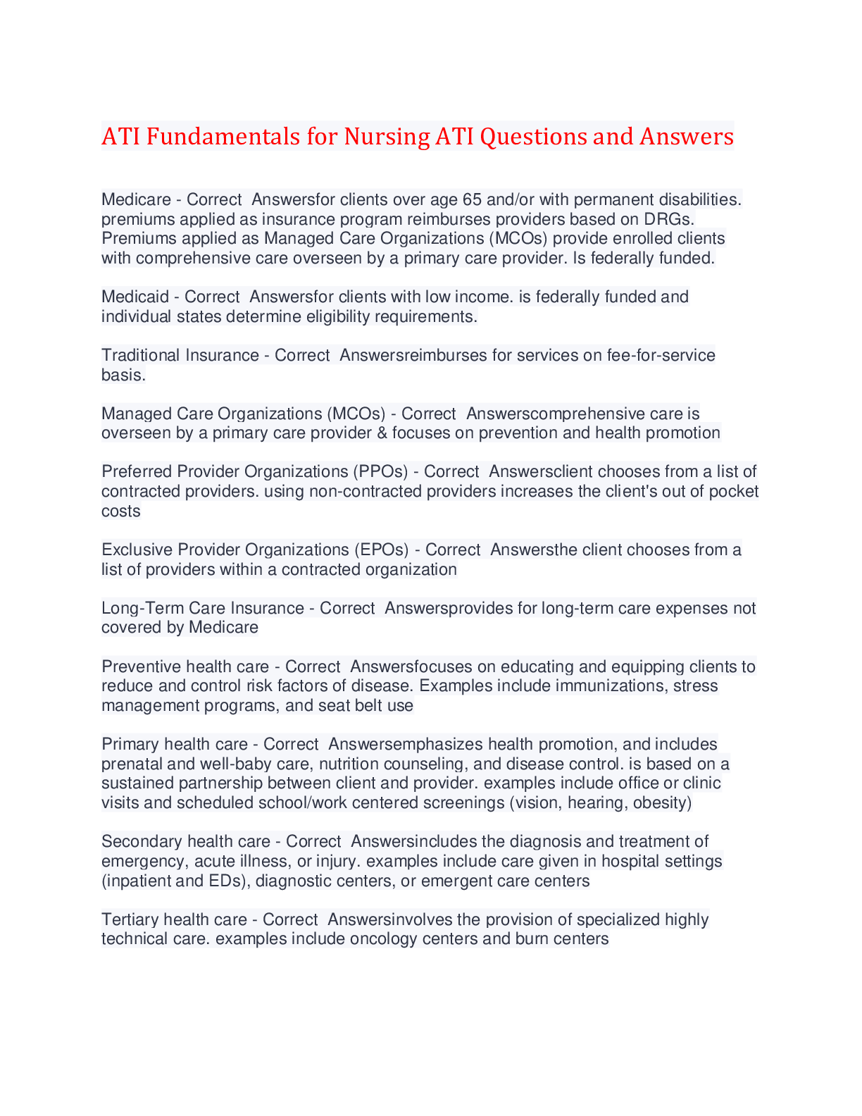ATI Fundamentals for Nursing ATI Questions and Answers,100% CORRECT